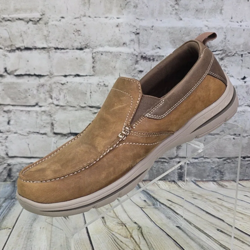 Skechers Relaxed Fit Loafers Mens 8 Brown Leather Memory Foam Slip On Dad Shoes